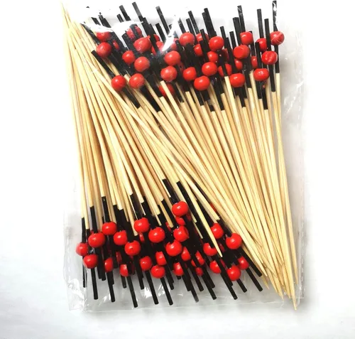 Vista 3 de Guqing 200 palillos de dientes redondos rojos de barra negra para aperitivos, palillos de dientes decorativos de madera, palillos de cóctel hechos a