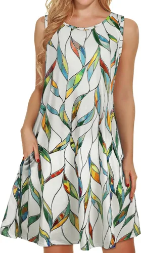 Vista 56 de elescat Vestidos de verano para mujer 2025, vestido casual de playa sin mangas con estampado floral, tipo camiseta, suelto y con bolsillos