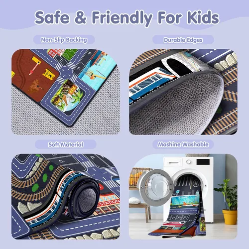 Vista 4 de Car Road - Alfombra de juegos para niños, 5 x 7 pies, alfombra de coche para niños y niños, educativa de tráfico urbano, alfombra de juego lavable
