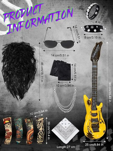 Vista 2 de Disfraz de rockero de los años 80 para hombre, incluye peluca hippie, lentes de sol, cadena de pantalones, pulsera, diadema, manga de tatuaje
