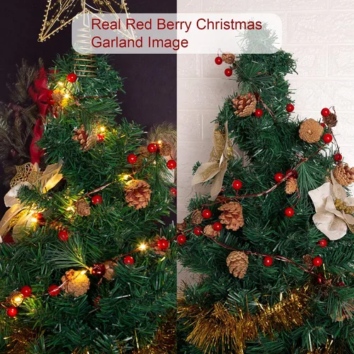 Vista 2 de Guirnalda de Navidad artificial con luces, funciona con pilas, guirnalda preiluminada de 6.56 pies con 20 luces LED, bayas rojas, piñas de pino