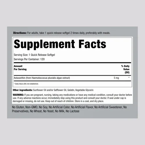 Vista 2 de Piping Rock Suplementos de astaxantina de 5 mg 120 cápsulas blandas Sin OMG, sin gluten