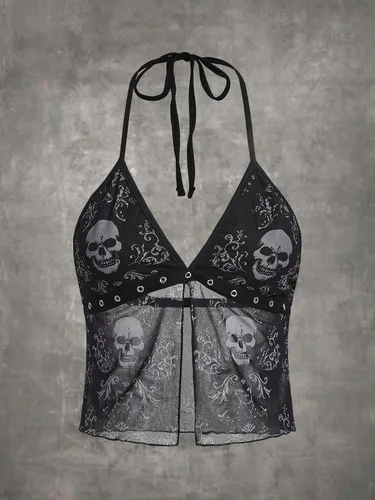 Vista 6 de Cozyease Camiseta sin mangas Y2K de malla con cuello halter y dobladillo dividido para mujer