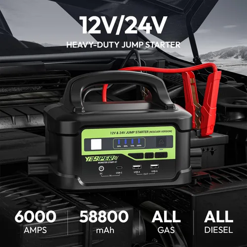 Vista 2 de YESPER Arrancador de 12V/24V con Carga Rápida de 145W, Caja de Puente de Batería SuperSegura Portátil de 6000A 218Wh para Camiones Pesados