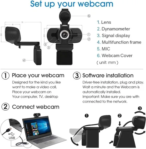 Vista 3 de Cámara web con micrófono con cubierta de privacidad, cámara web Full HD 1080P con amplia visión para transmisión en vivo, PC portátil de escritorio