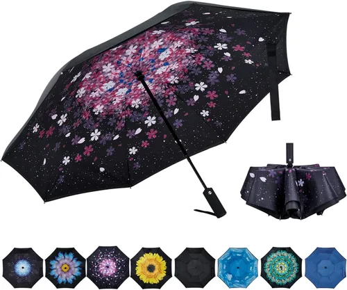 Vista 12 de Paraguas invertido de doble capa, plegado automático, reversible, resistente al viento y a los rayos UV, para lluvia, coche, viaje, al aire libre