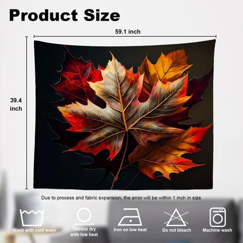 Vista 5 de Shrahala Tapiz de pared de hojas de arce otoñal, hojas rojas llameantes, fondo negro, tapiz grande para colgar en la pared, tapiz decorativo