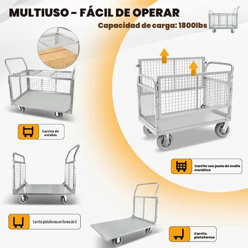 Vista 2 de Carrito de Plataforma con Jaula, Multiusos 6 en 1 Plegable Carrito de Plataforma Plana Carrito de Empuje Resistente Diablito con Ruedas Giratorias