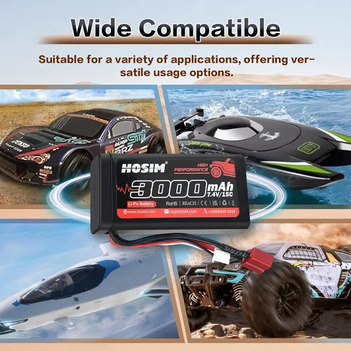 Vista 6 de Hosim 2 baterías Lipo RC Lipo de 7.4 V 15C 3000 mAh con 2 cargadores USB y 1 correa de batería para control remoto de coche RC sin escobillas