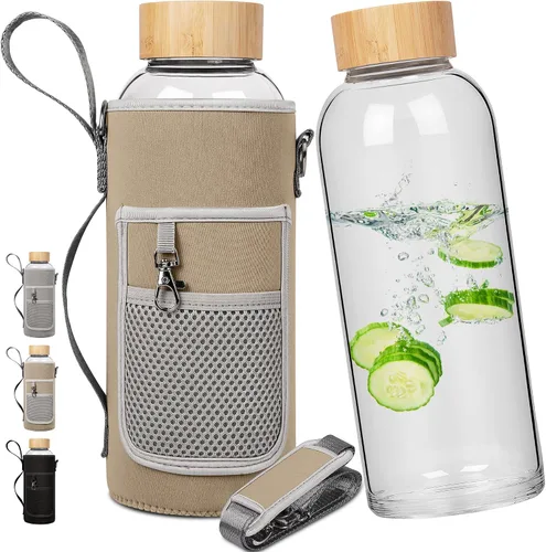 Vista 9 de Botella de agua de vidrio de borosilicato para deportes de 48 onzas, con tapa de bambú y funda de neopreno