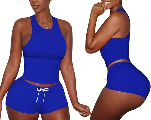 Vista 2 de Conjunto casual de 2 piezas para mujer - Conjunto sexy ombliguera pantalones cortos