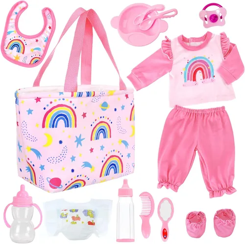 Vista 8 de UNICORN ELEMENT Juego de 12 accesorios para muñecas de bebé, kit de alimentación y cuidado con bolsa de pañales, pañales para muñecas, 2 botellas