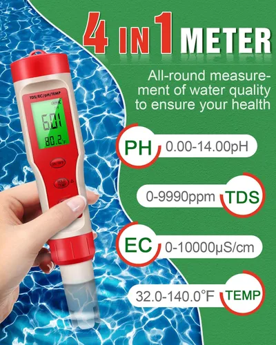 Vista 2 de Medidor de pH 4 en 1, medidor de pH para agua, probador digital de pH 0.01 de alta precisión con rango de medición de pH 0-14, temperatura de pH TDS