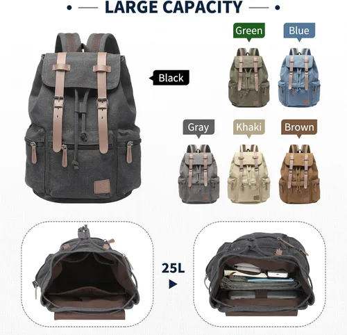 Vista 6 de DTGN Mochila de lona vintage para hombres y mujeres, mochila casual duradera con acento de cuero, se adapta a la universidad, trabajo, viajes y al