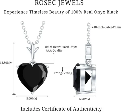 Vista 6 de Natural 2 Ct Black Onyx Heart Necklace with Chain, AAA Quality Negro