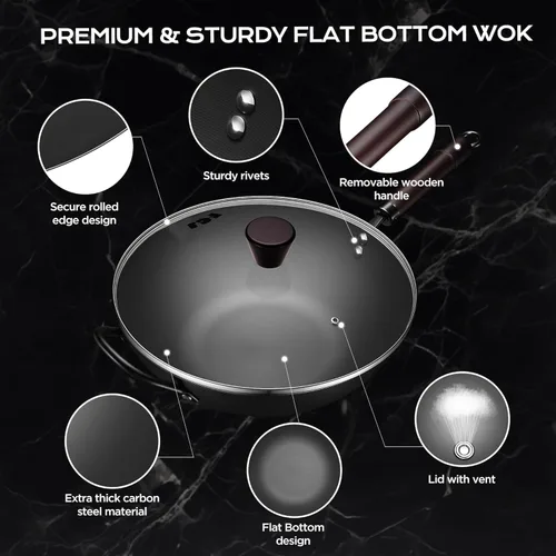 Vista 5 de Wok, woks y sartenes de acero al carbono de 13 pulgadas antiadherentes, wok chino de 5.8QT con fondo plano pre-curado con tapa, sartenes de paella