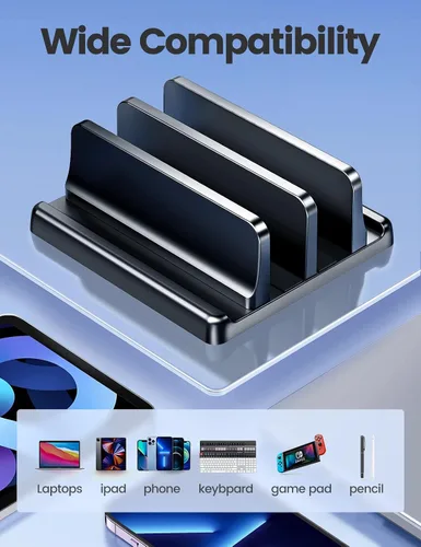 Vista 6 de Vaydeer Soporte vertical para computadora de escritorio, soporte de plástico de doble ranura para laptop con diseño 4 en 1 que ahorra espacio Negro