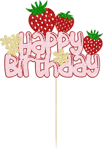 Vista 2 de 1 paquete de decoración de pastel de fresa con purpurina para temática de frutas, baby shower, fiesta de cumpleaños de niños, suministros