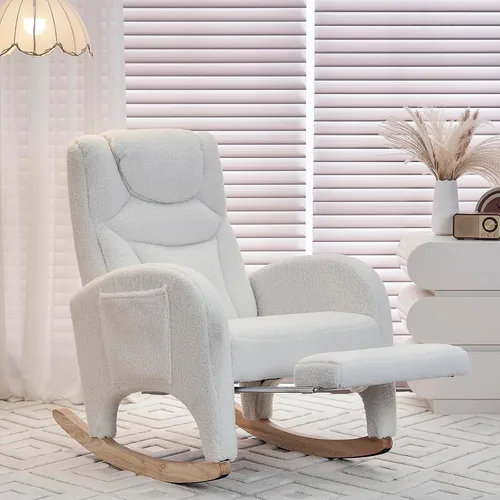 Vista 4 de Comfy - Silla mecedora para guardería, silla tapizada para guardería con reposapiés, moderna con bolsillo, sillón decorativo con base mecedora suave
