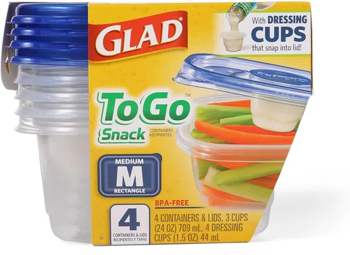 Vista 2 de Glad GladWare To Go - Recipientes de almacenamiento de alimentos con tapas, rectángulo mediano sin BPA con vaso de aderezo integrado para ensaladas