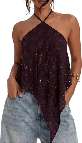 Vista 9 de Verdusa Top halter asimétrico de satén para mujer Amarillo claro