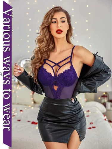 Vista 3 de Avidlove Body de lencería con arnés de encaje floral para mujer, camisón de una pieza