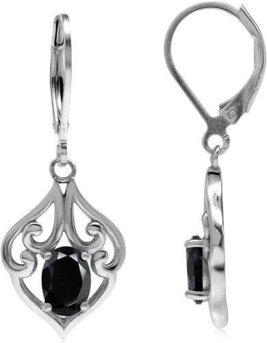 Vista 8 de Silvershake Aretes colgantes de plata de ley 925 chapados en oro blanco o amarillo con piedra natal ovalada de 0.276 x 0.197 in, estilo victoriano