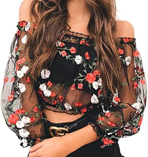 Vista 4 de RARITYUS Mujeres Sexy Floral Bordado Mesh T-Shirt Tulle Manga Corta Ver a través de Crop Tops