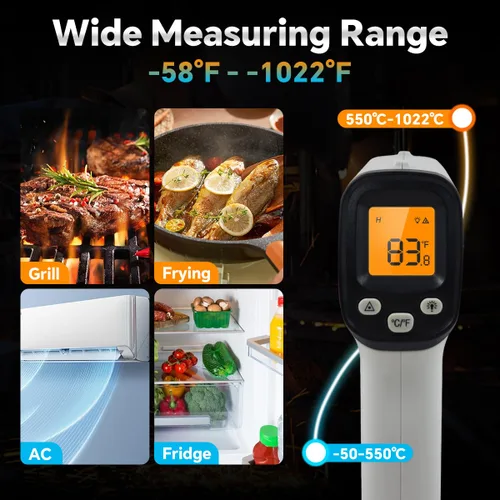Vista 3 de Pistola termómetro digital infrarroja para cocinar, barbacoa, horno de pizza, termómetro infrarrojo láser con retroiluminación, -58℉~1022℉(-58.0
