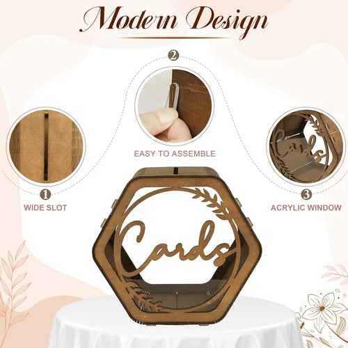 Vista 4 de Caja de tarjetas de boda OurWarm para fiesta, cajas de tarjetas de boda hexagonales marrones para recepción, caja de boda de madera para tarjetas