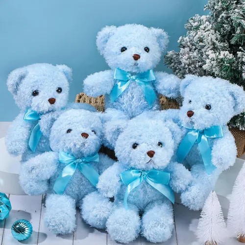 Vista 4 de HyDren 24 piezas de animales de peluche de oso a granel para niños de 10 pulgadas, juguete para dormir y jugar, animales preescolares con lazo, Azul