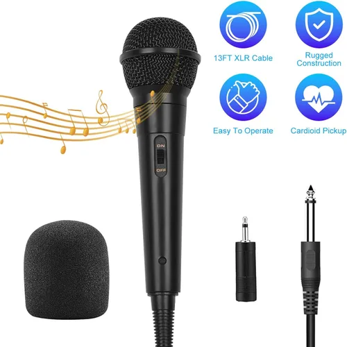 Vista 2 de Micrófono de mano con cable, micrófono vocal dinámico cardioide de mano dual con interruptor de encendido/apagado, cable de 13 pies, conector