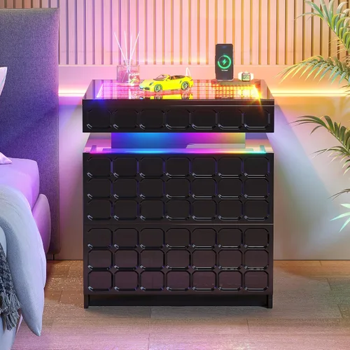 Vista 9 de Vlsrka Mesita de noche con luces RGB, soporte de noche inteligente con Negro