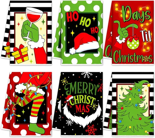 Vista 10 de FuWeave Toallas de Cocina Navideñas Beige Paños de Cocina con Árbol Navideño Toallas de Mano Decorativas Hello Winter Absorbentes Pelota de Guantes