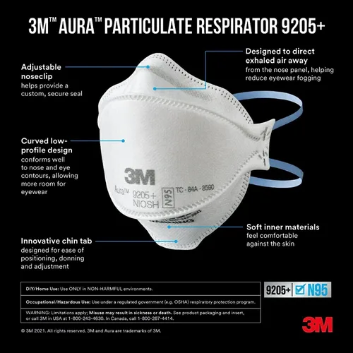 Vista 3 de 3M Aura Particulate Respirator 9205+ N95, Lightweight, 3 Panel Designed Helps Provide Comfortable and Convenient Respiratory Protection, 3-Pack