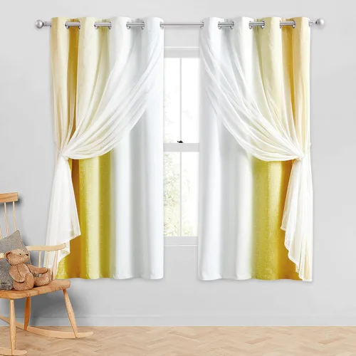 Vista 17 de Cortinas 100% opacas con superposición de gasa Mix and Match de doble capa, 54 pulgadas de largo, 2 paneles para dormitorio y sala de estar, azul