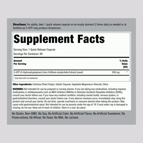 Vista 2 de Piping Rock Suplemento 5-HTP 200 mg 90 Cápsulas 5-Hidroxitriptófano de extracto de Griffonia Simplicifolia Sin OMG, sin gluten