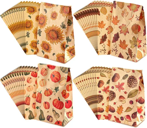 Vista 6 de Whaline 48 bolsas planas de otoño para golosinas, papel kraft, calabazas, hojas de arce, girasoles, nueces, bolsa de regalo para regalos de fiesta
