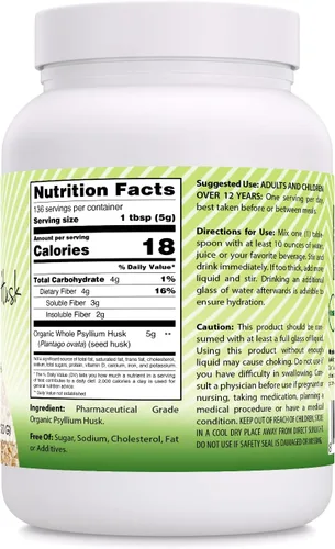 Vista 3 de Amazing India USDA - Suplemento en polvo de cáscara de psyllium entero orgánico 0.18 oz por porción Sin OMG Sin gluten Fabricado en Estados