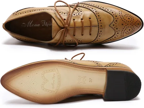Vista 3 de Mona flying Zapatos de cuero para mujer con cordones perforados Oxfords Brogue Wingtip Derby para damas