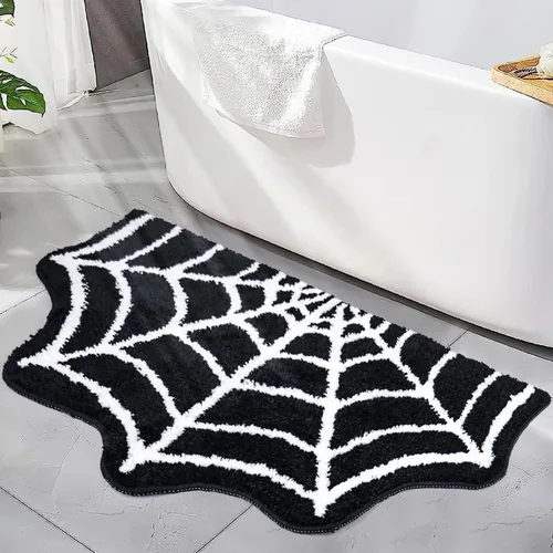 Vista 8 de Meetory Alfombra de baño de Halloween – Tapete de baño de telaraña, lavable a máquina, tapete gótico para Halloween, tapete de baño gótico