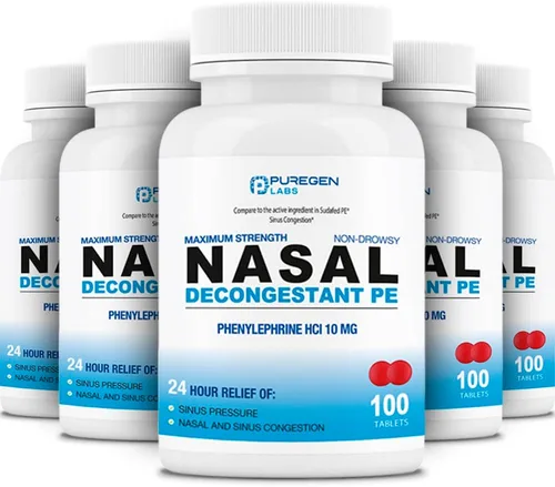 Vista 9 de P Puregen Labs Descongestionante nasal PE 100 tabletas Fenilefrina HCl 10 mg en tabletas Concentración máxima Alivio sin somnolencia