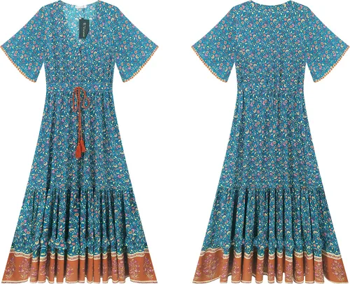 Vista 6 de R.Vivimos Vestido por debajo de la rodilla, para mujer, manga corta, de algodón, con cuello en V, diseño floral y estilo informalbohemio