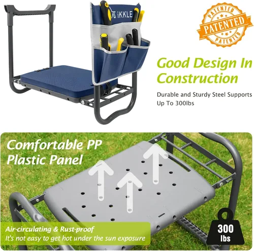 Vista 6 de ikkle Taburete de jardín y asiento de jardinería, banco de jardinería plegable con almohadilla de rodillas desmontable más gruesa y bolsas