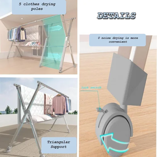 Vista 3 de Estante de secado de ropa de acero inoxidable resistente con ruedas, ajustable y plegable que ahorra espacio para interiores y exteriores, estante