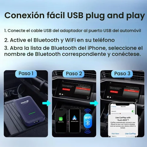 Vista 3 de CarlinKit Adaptador inalámbrico 4.0 CP2A, dongle 2 en 1 para autos CarPlay