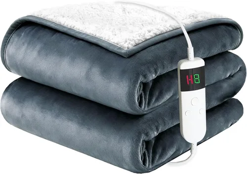 Vista 22 de Manta eléctrica térmica individual, franela suave de 62 x 84 pulgadas, con 8 horas de apagado automático, 10 niveles de calentamiento rápido