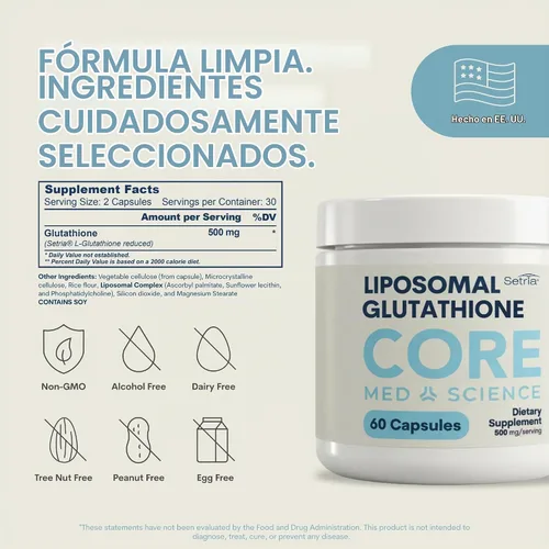 Vista 3 de Core Med Science Glutatión Liposomal Setria (500 mg, 60 Cápsulas)
