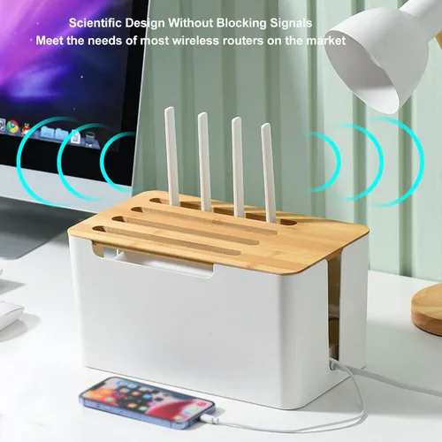 Vista 2 de Caja de almacenamiento de enrutador, regleta de alimentación y organizador de cables, estante de enrutador de madera, cubierta de enrutador