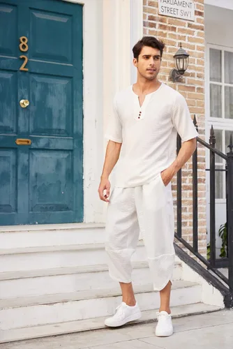 Vista 6 de COOFANDY Conjunto de 2 piezas de lino para hombre, camisa Henley de manga corta y pantalones capri harén, pierna ancha, holgados, pantalones de yoga